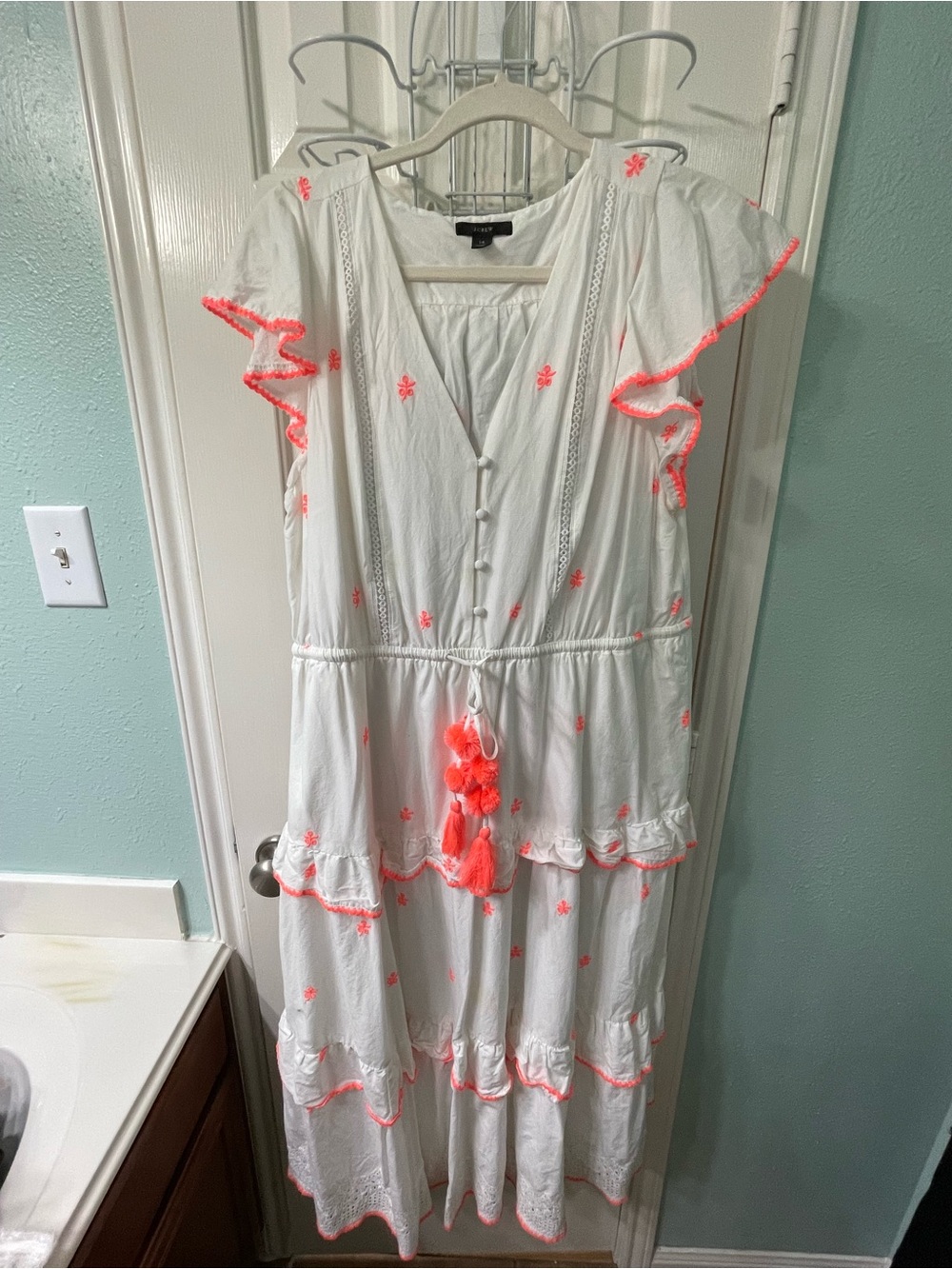 J. Crew White Maxi Dress with Neon Pink Trim and Tassels